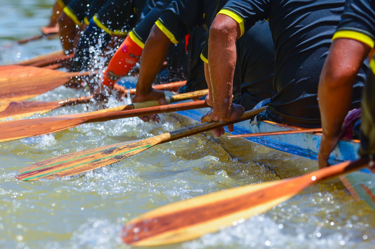 Rowers paddling wooden oars in racing boat